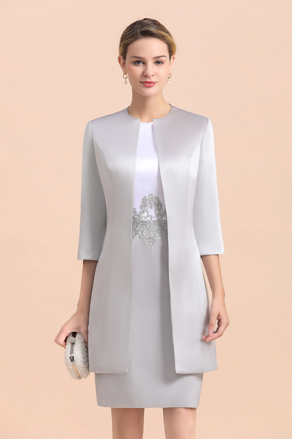 Elegantes silbernes kurzes Kleid für die Brautmutter, knielang, für Hochzeiten