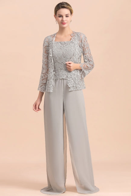 Elegant Silver Lace Top Chiffon Mother of Bride Jumpsuit Online with Wrap