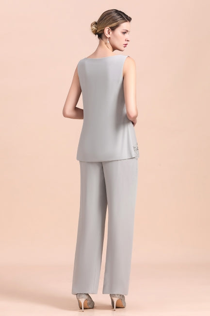 Elegant Sleeveless Appliques Silver Chiffon Mother of Bride Jumpsuit with Wrap