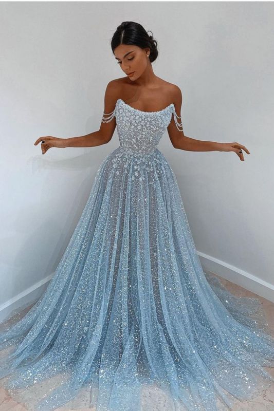 Elegante vestido de fiesta largo de encaje azul sin mangas