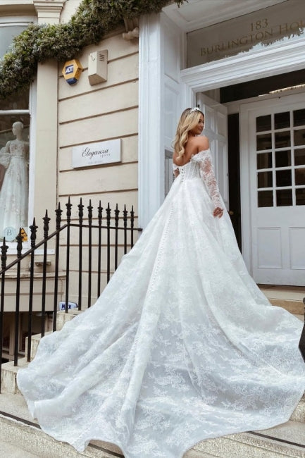 Elegante vestido de novia de encaje con mangas largas y escote en forma de A