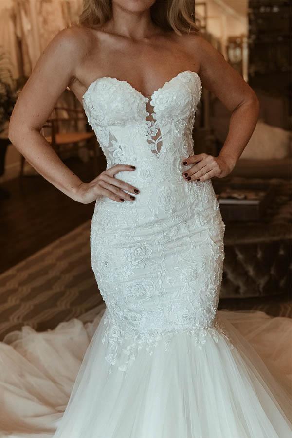 Elegant Sweetheart Mermaid Lace Long Wedding Dress With Beading WD356