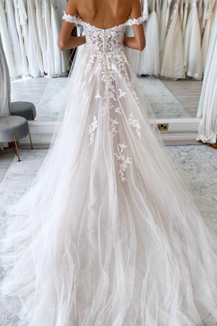 Elegant sweetheart off-the-shoulder cap sleeves a-line lace wedding dress