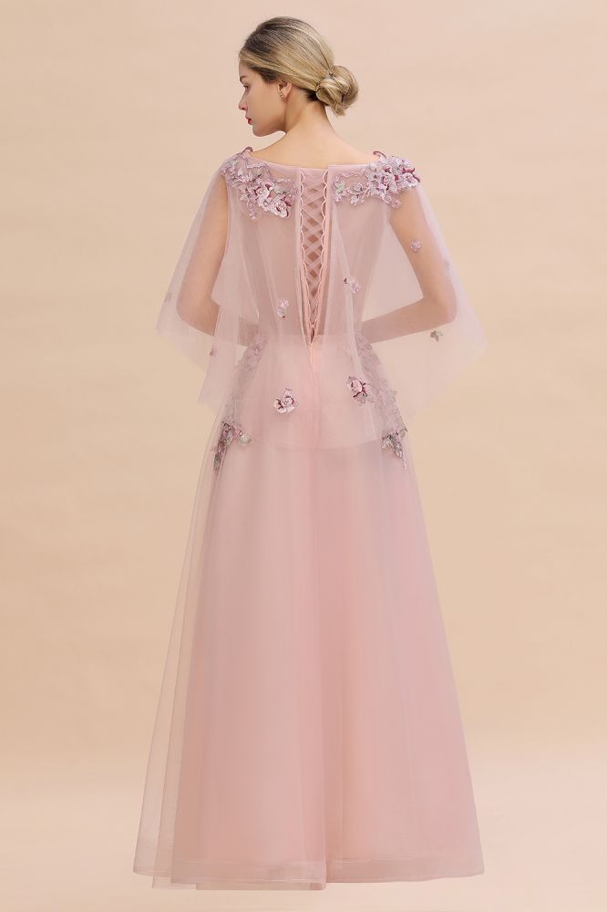 Elegante vestido de novia de tul con corte en A y flores, con mangas largas abullonadas y vestido de fiesta de noche.