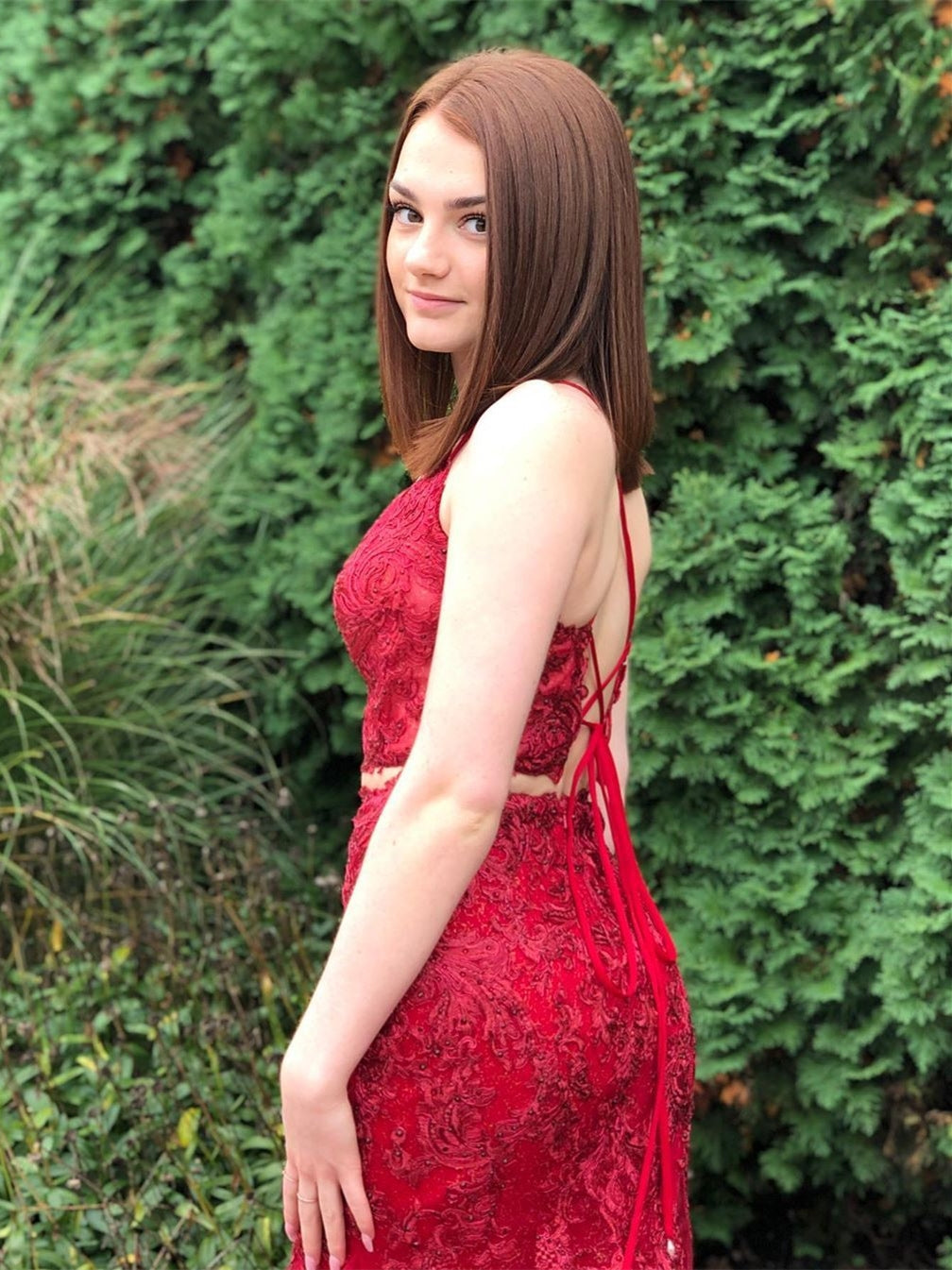 Elegante vestido de fiesta formal largo de tul con encaje y sirena de dos piezas