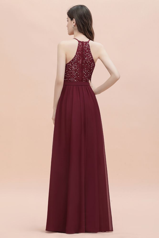 Elegantes Chiffon-Brautjungfernkleid mit V-Ausschnitt, rückenfreies A-Linien-Partykleid mit Pailletten