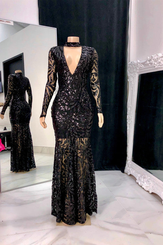 Elegantes Meerjungfrau-Ballkleid mit V-Ausschnitt und langen Ärmeln