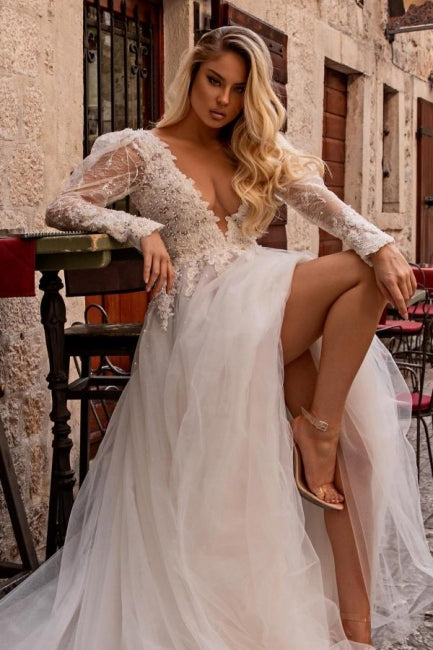Elegant vneck longsleeves aline lace Wedding dresses