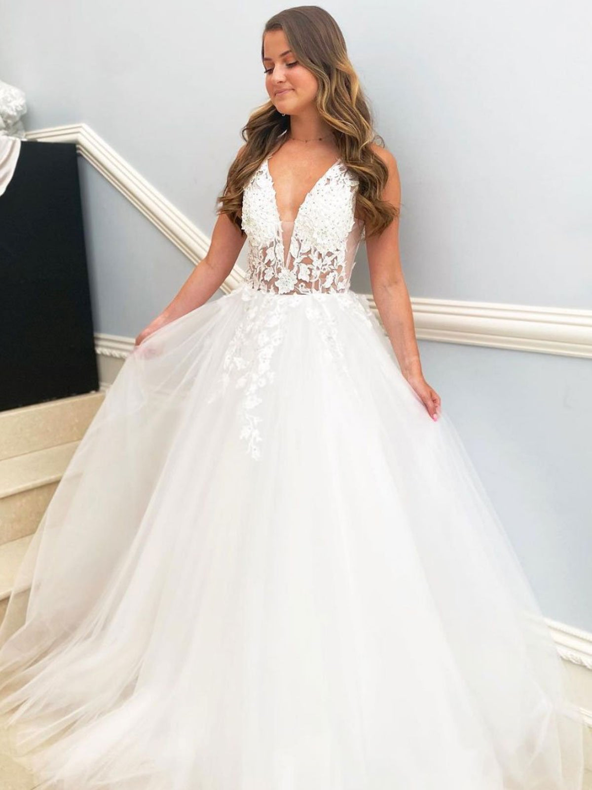 Elegant White Long A-line V Neck Tulle Lace Floral Wedding Dresses
