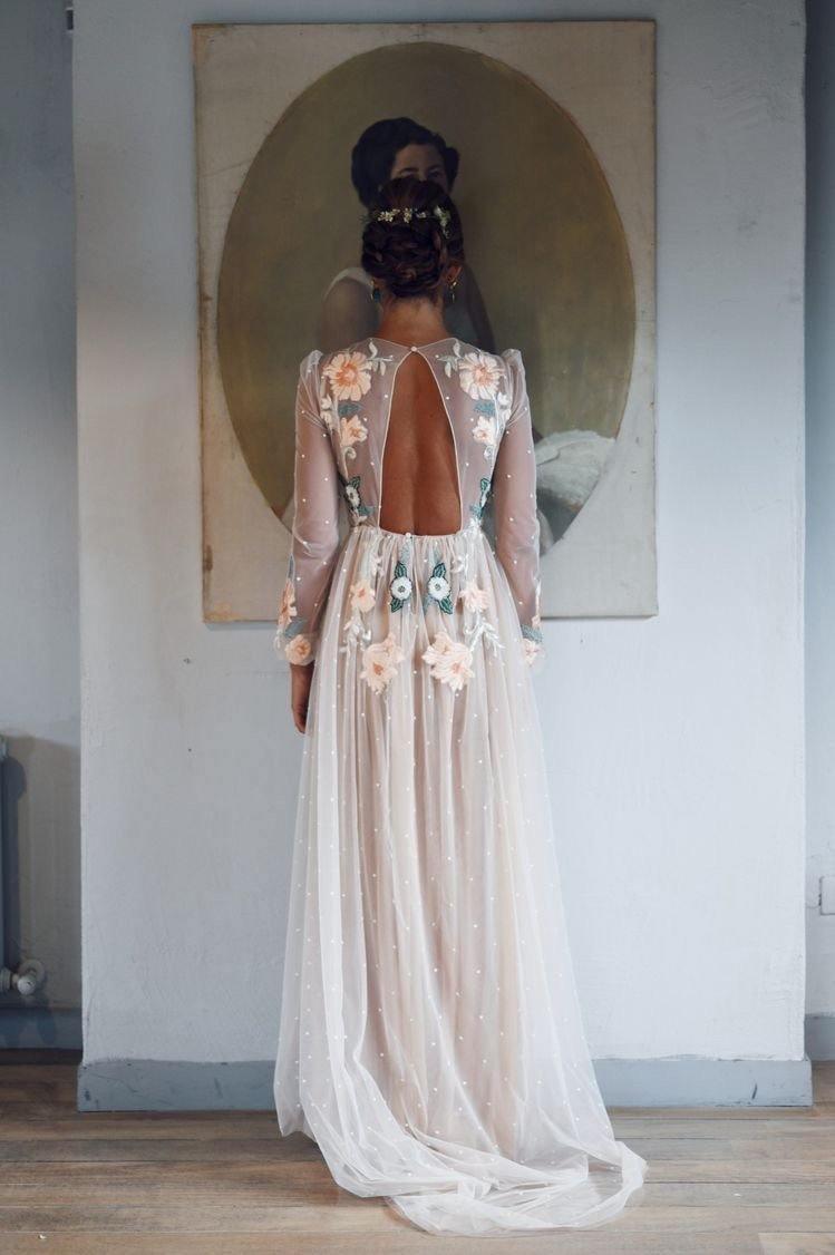 Schickes A-Linien-Ballkleid mit Stickerei, offenem Rücken, langen Ärmeln und glitzerndem Rock PSK001