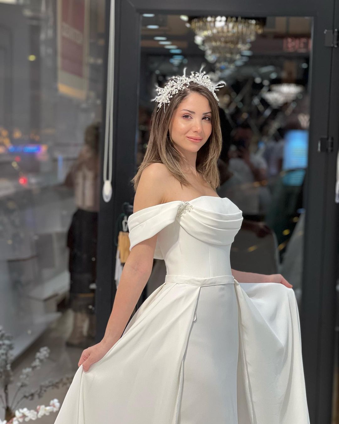 Exquisite Floor Length Off-The-Shoulder A-Line Satin Wedding Dress with Beads