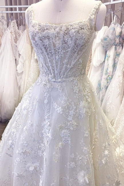 Exquisite Spaghetti Strap Sleeveless A-Line Lace Wedding Dresses with Pattern