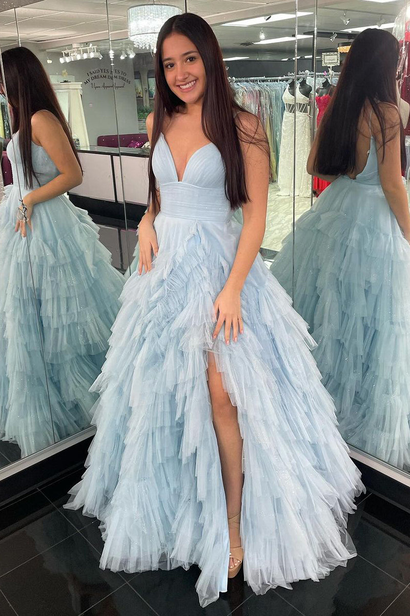Alianna |A-Linien-Ballkleid aus Tüll mit Spaghettiträgern und Stufen