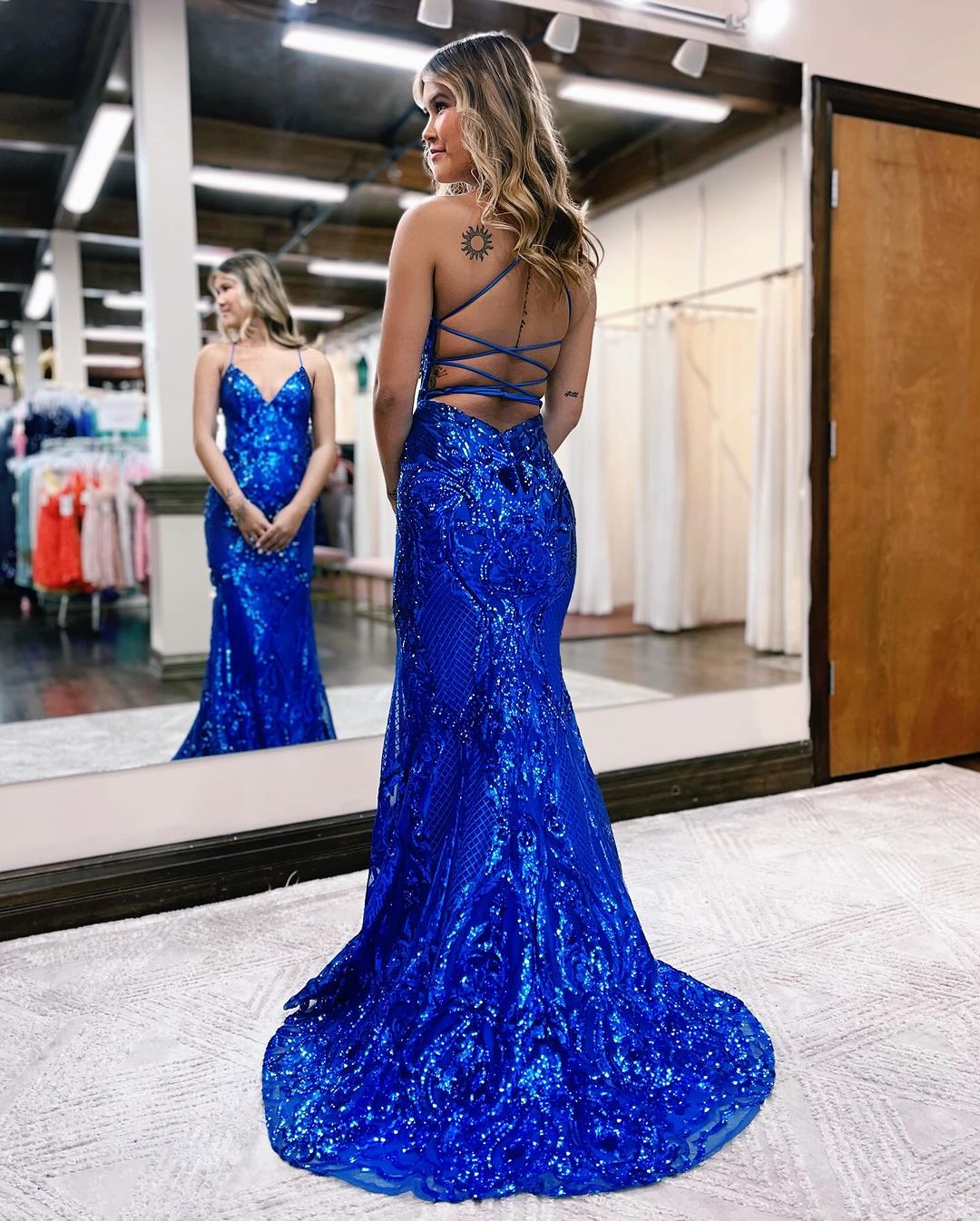 V Neck Spaghetti Straps Backless Royal Blue Sequin Long Prom Dress