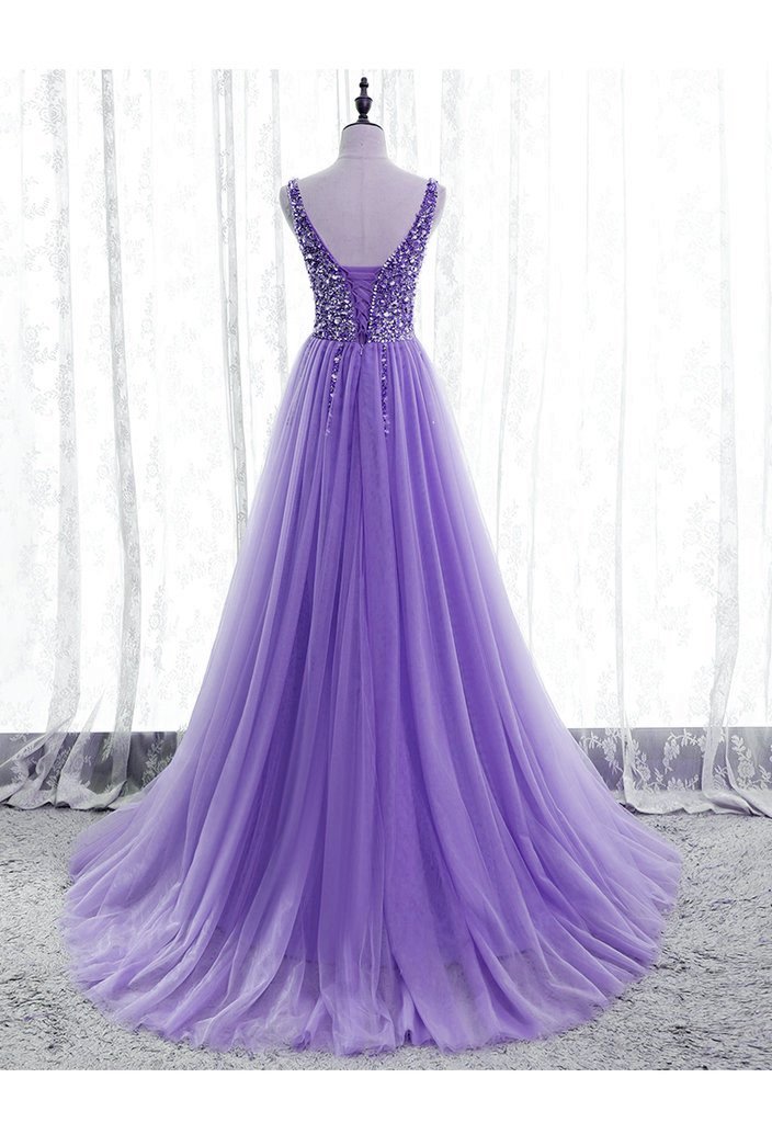 Lila Perlen V-Ausschnitt Tüll Glitzer Partykleid Abendkleid, Lila Tüll Ballkleid Y1008