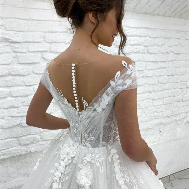 Princess Lace Tulle A Line Wedding Dress Sweetheart Cap Sleeve 3D Appliques Boho Bridal Gowns For Woman Button Vestidos De Novia-payinti