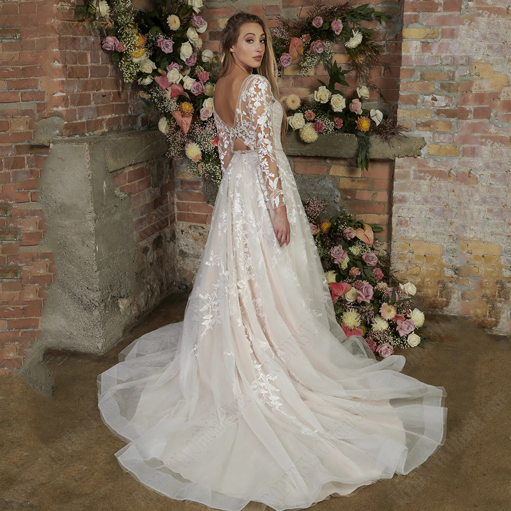 Light Champagne Modern Wedding Dresses Backless Applique Bride Gowns A-Line Tulle V-Neck Long Sleeves vestido de noiva-payinti