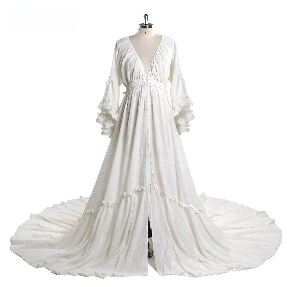Deep V Neck Long Sleeves Maternity Dresses for Photo Shoot with Front Buttons and Adjustable Waist Sunnderly SY211202