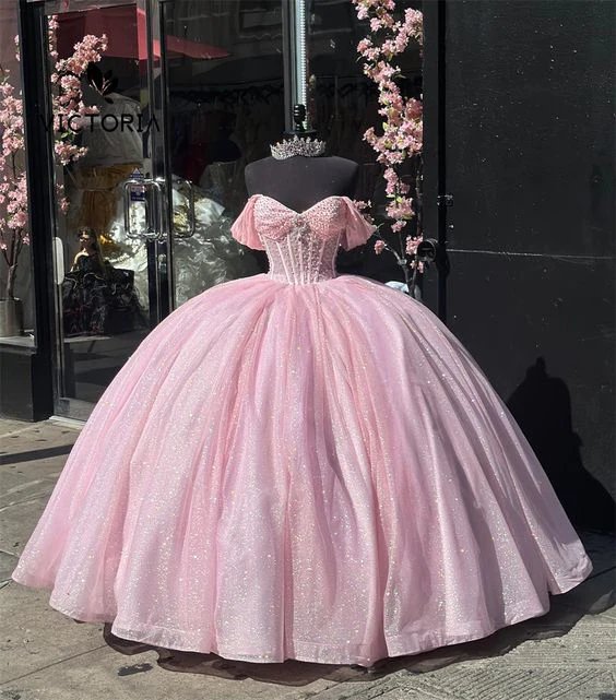 Glitter Off The Shoulder Pink Tulle Beaded Ball Gown Quinceanera Dress Y7462