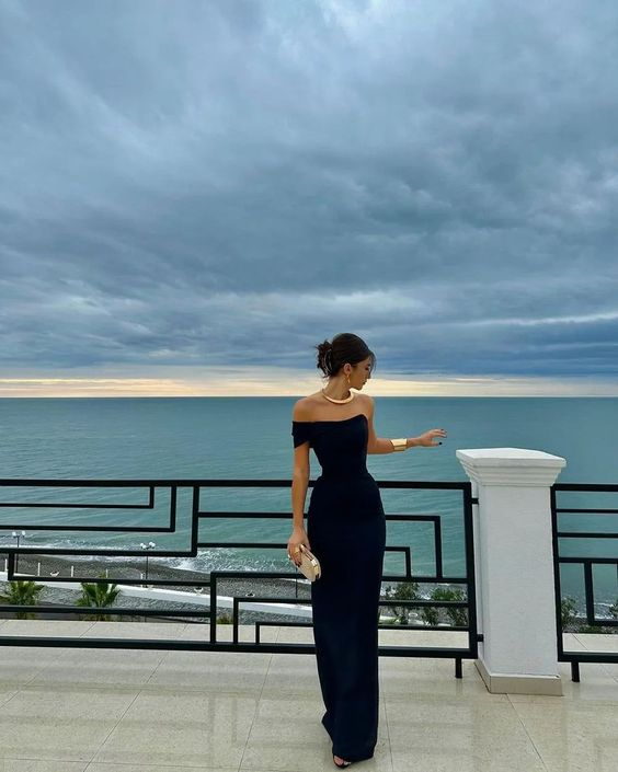 Schwarzes One-Shoulder-Lang-Etuikleid-Abendkleid ohne Träger Party Ballkleid Y7559