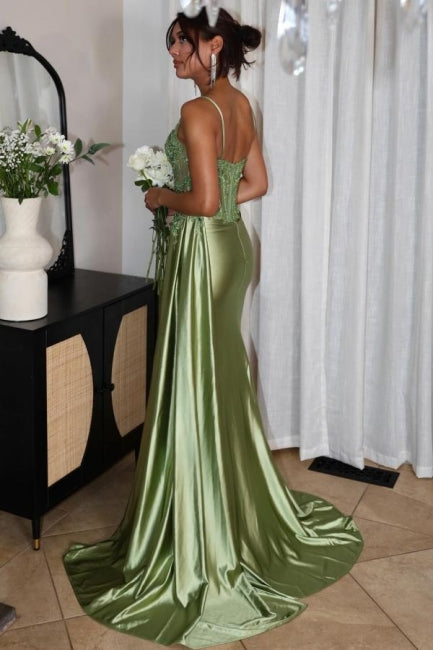 Fabelhaftes säulenförmiges Tüll-Satin-Abendkleid mit Herzausschnitt, ärmellos, grün, mit Schlitz vorne