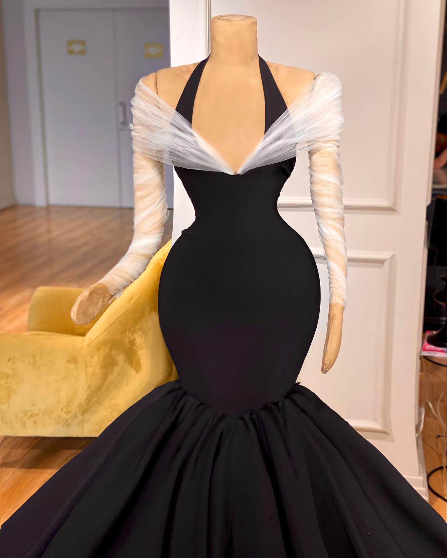 Fabulous Floor Length Long Sleeves Halter Mermaid Prom Dress with Ruffles