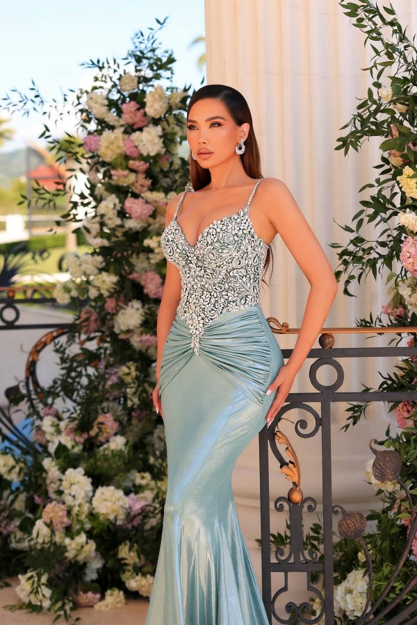 Fabelhaftes langes grünes Meerjungfrau-Ballkleid mit Spaghettiträgern und Spitze und Satin