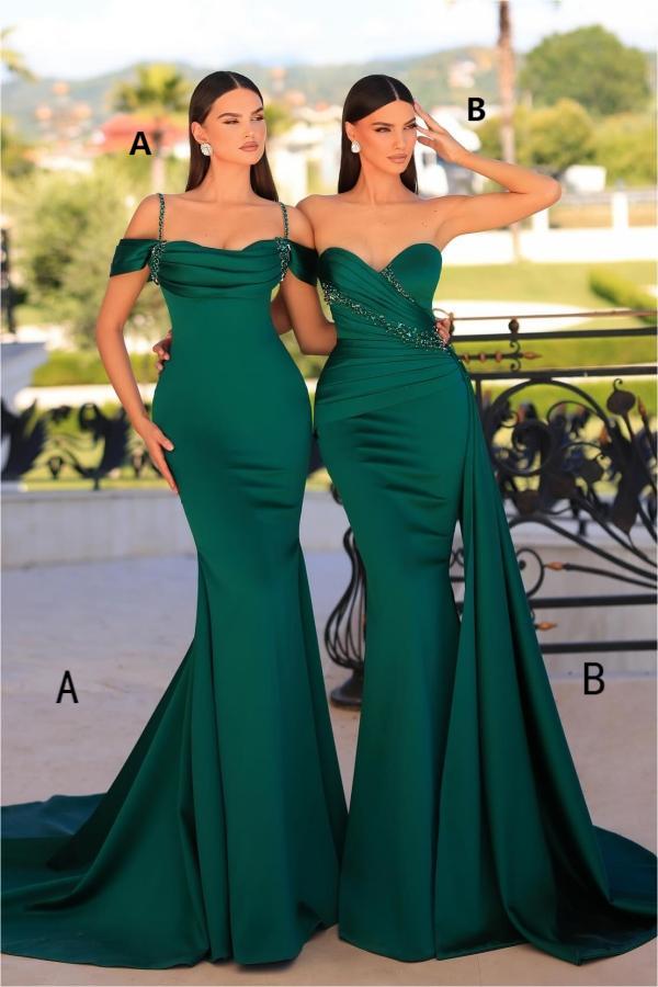 Modisches langes dunkelgrünes Meerjungfrau-Abendkleid aus ärmellosem Satin mit Perlen