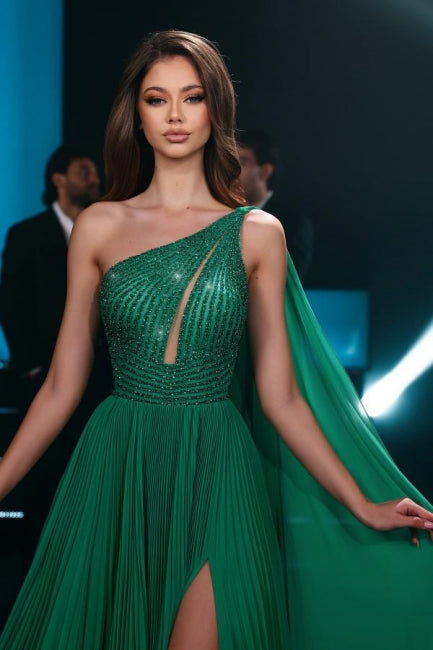 Modisches langes smaragdgrünes A-Linie One-Shoulder-Chiffon-Ballkleid mit Perlenbesatz und Schlitz