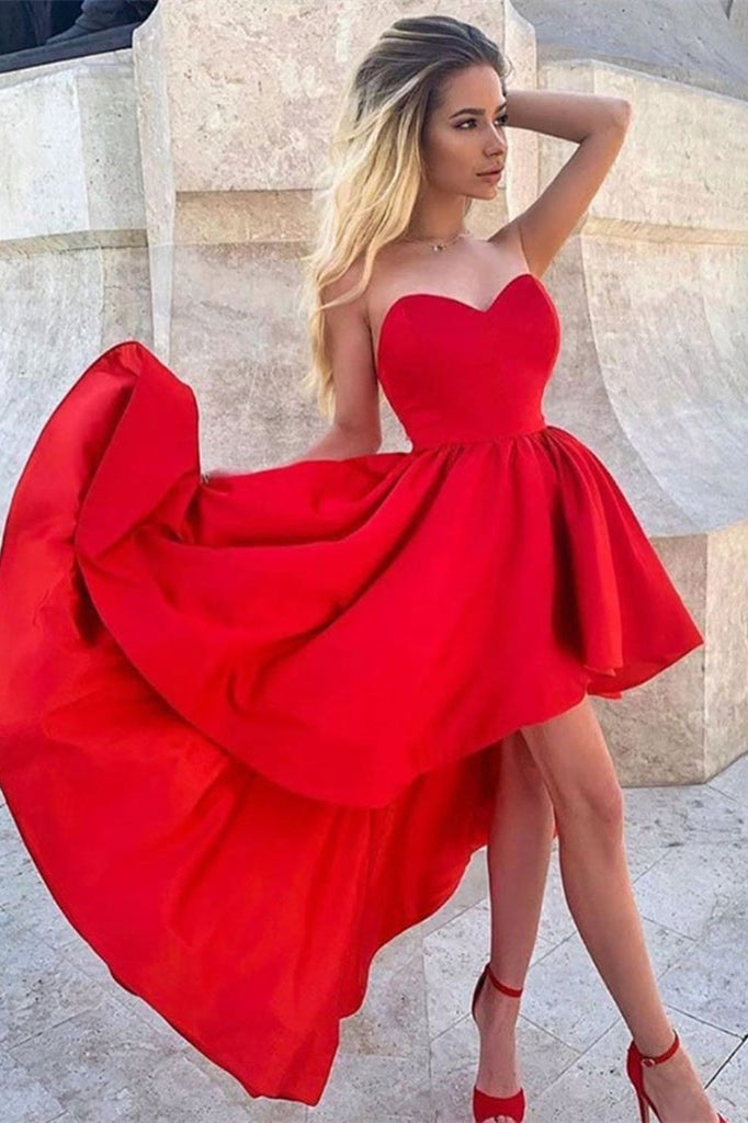 Red High Low Sweetheart Satin Short Prom Dress