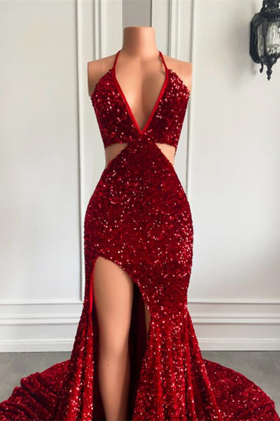 Rotes Neckholder-Ballkleid mit V-Ausschnitt und Pailletten im bodenlangen Meerjungfrau-Stil