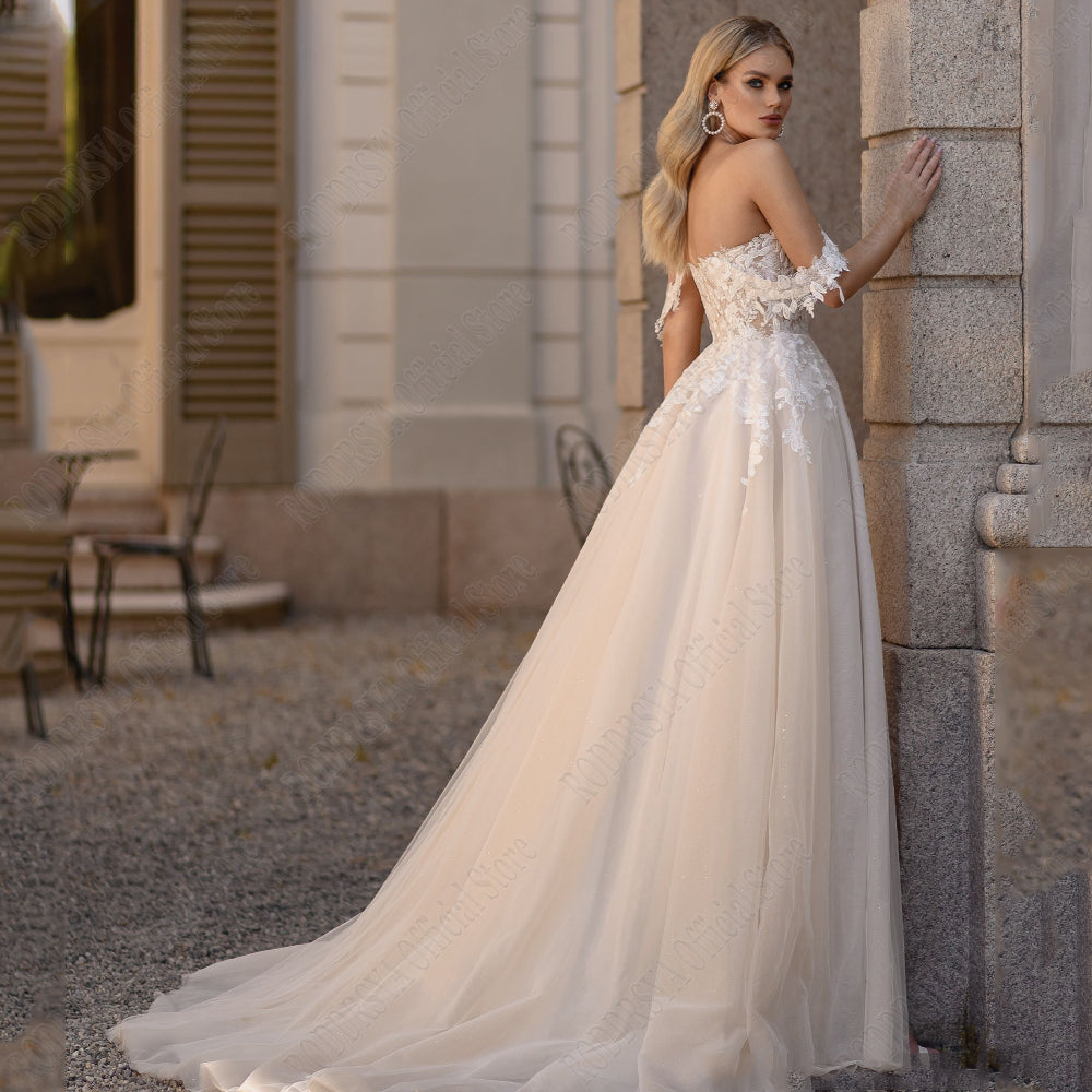 Light Champagne Pastrol Wedding Dresses Off Shoulder Sweetheart Bride Gowns Side Split A-Line Tulle Vestido De Novia-payinti