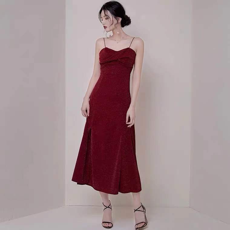 Vestido de fiesta rojo vino, vestido de noche con tirantes finos, vestido de fiesta con abertura alta, vestido formal sin espalda, hecho a medida Y1140