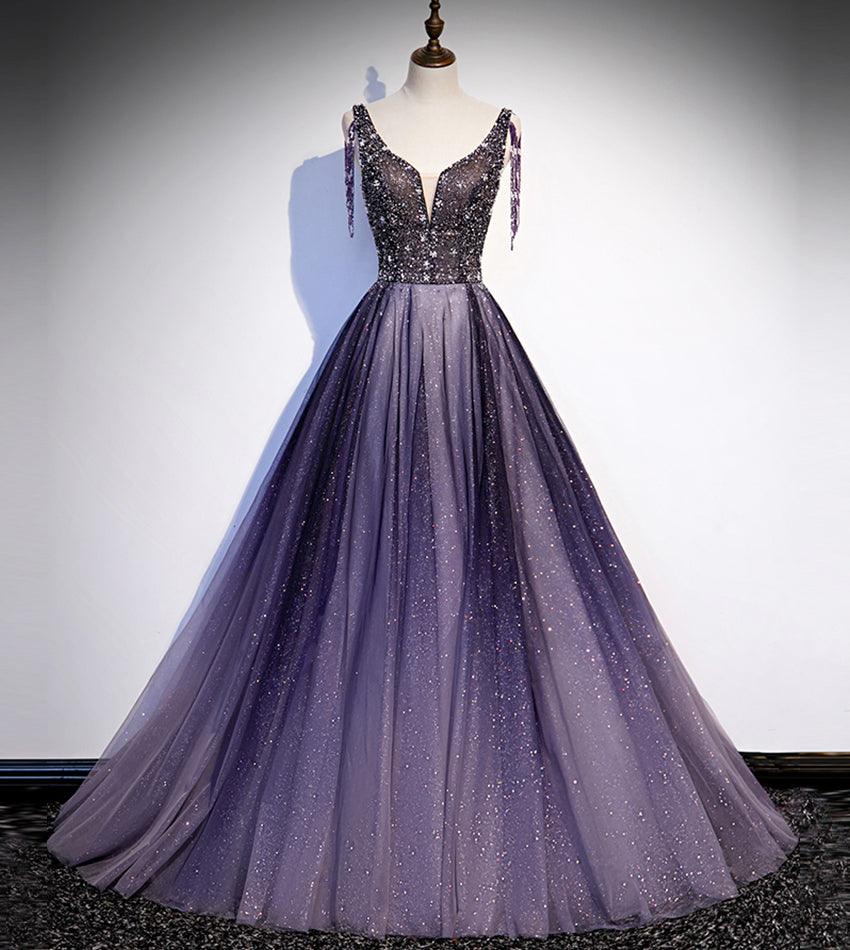 Lila V-Ausschnitt Tüll Perlen langes Ballkleid Abendkleid S104