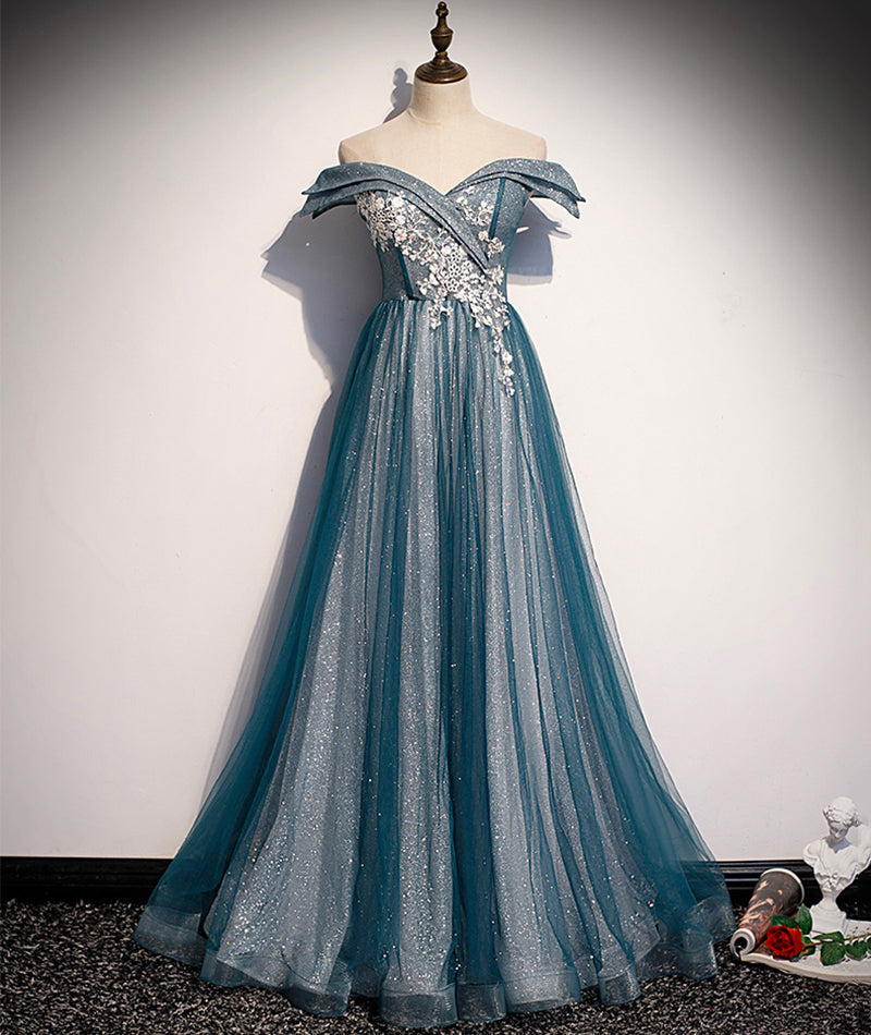 Blaues Tüll-Spitzen-Langballkleid mit schulterfreiem Abendkleid S105