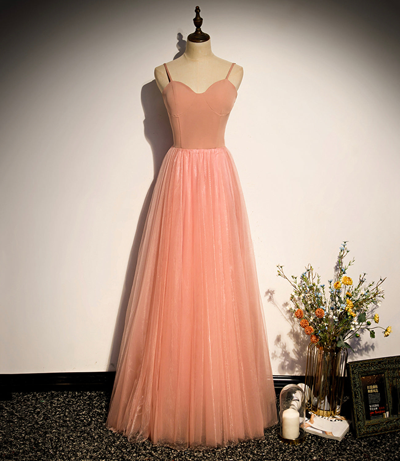 Rosa Tüll langes Ballkleid A-Linie Abendkleid s92