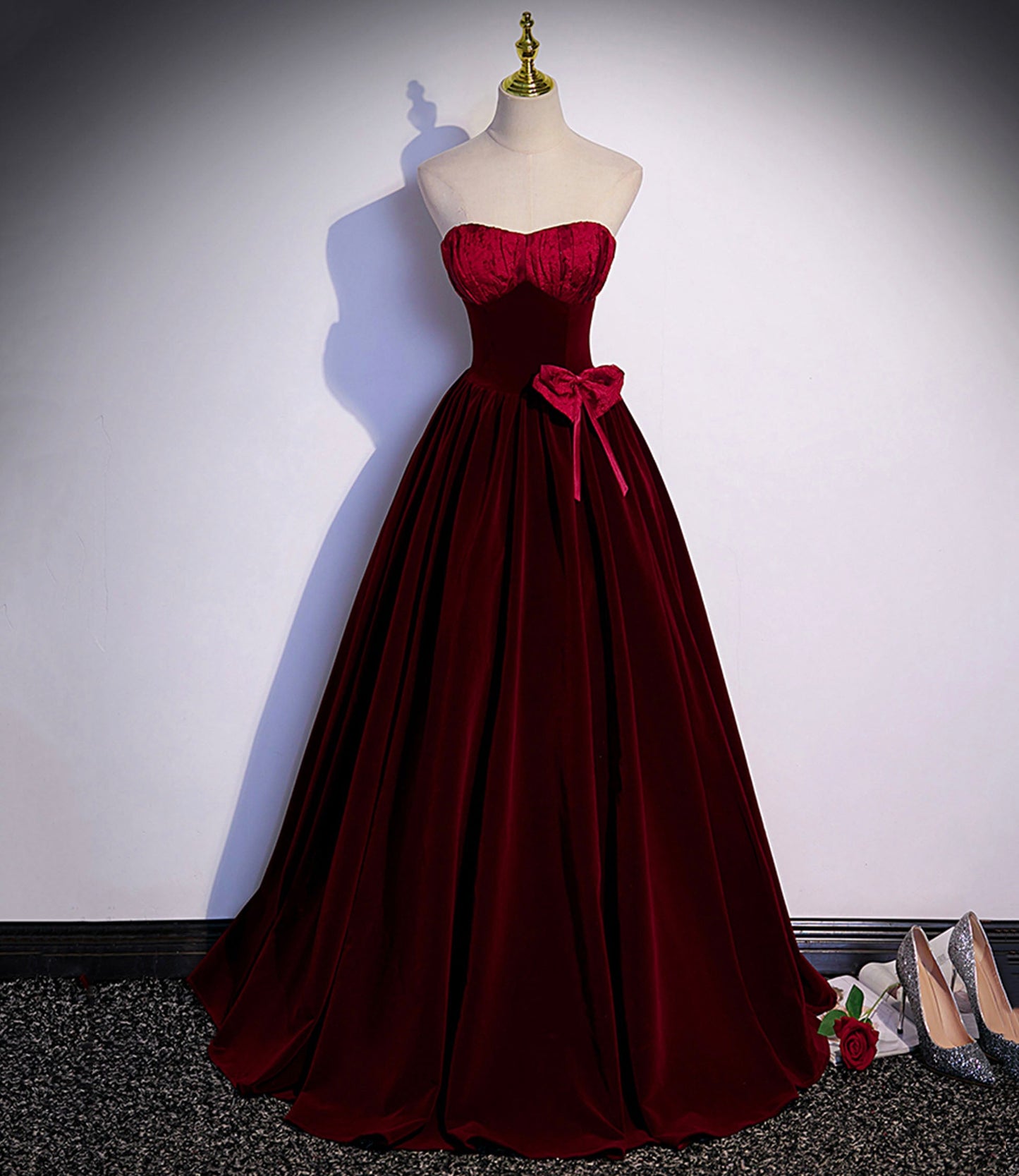 Burgunderrotes langes Ballkleid aus Samt in A-Linie, Abendkleid S86