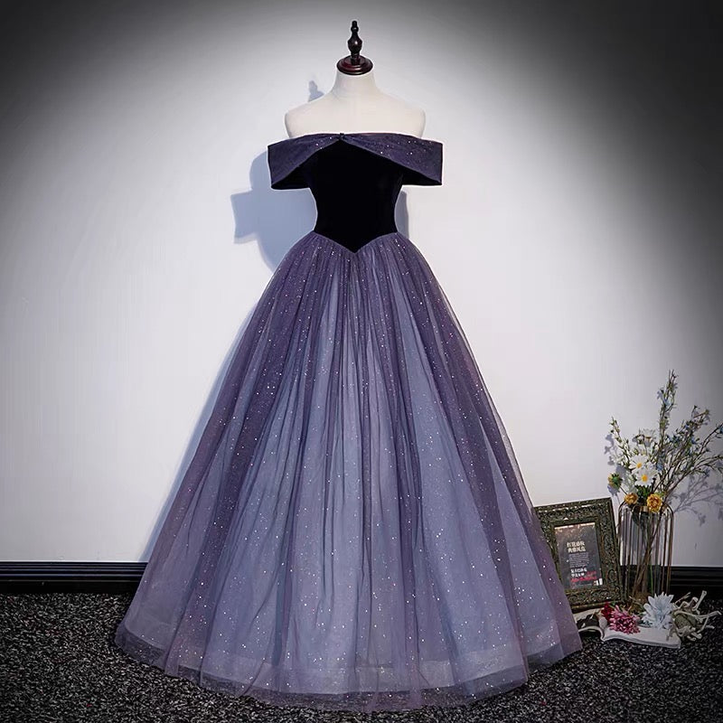 Lila Tüll langes Ballkleid A-Linie Abendkleid s66