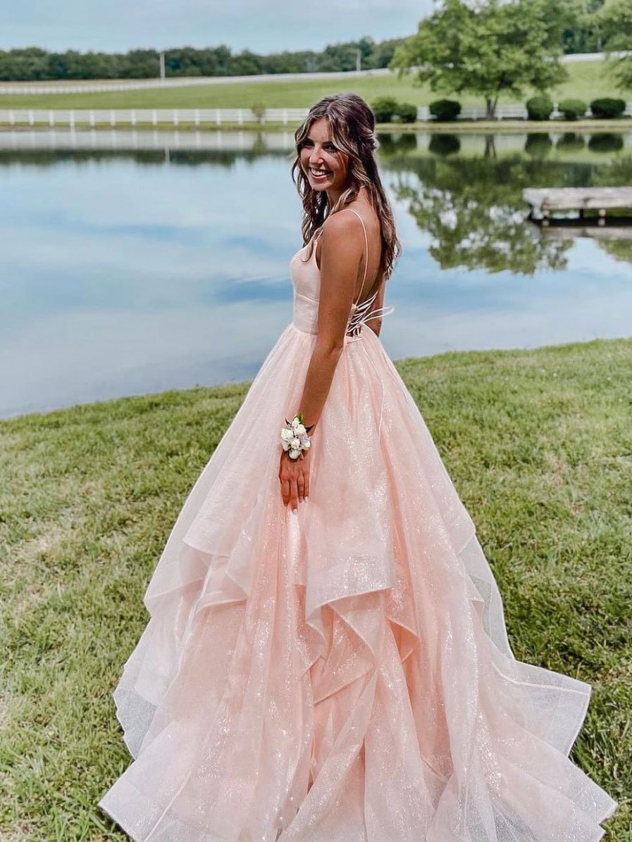 Vestido de fiesta rosa con tirantes finos, corte A, vestido de noche en capas, vestido largo de fiesta brillante Y1303