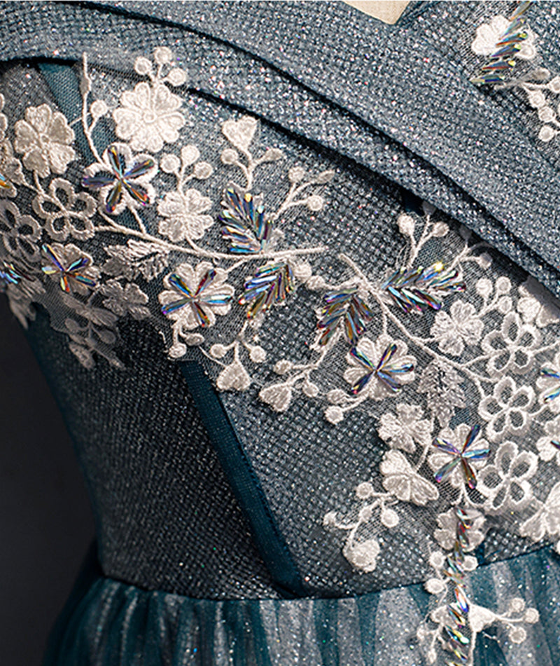 Blaues Tüll-Spitzen-Langballkleid mit schulterfreiem Abendkleid S105