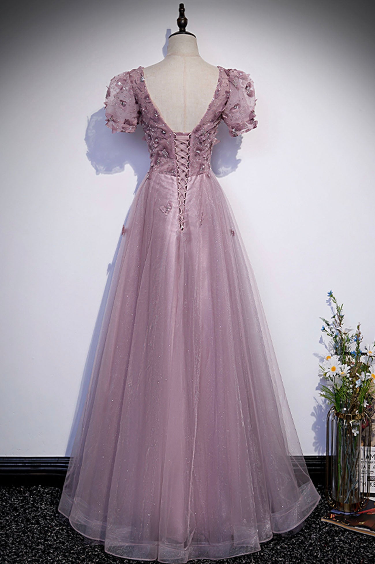 Rosa Tüll Pailletten langes Ballkleid rosa Abendkleid s61