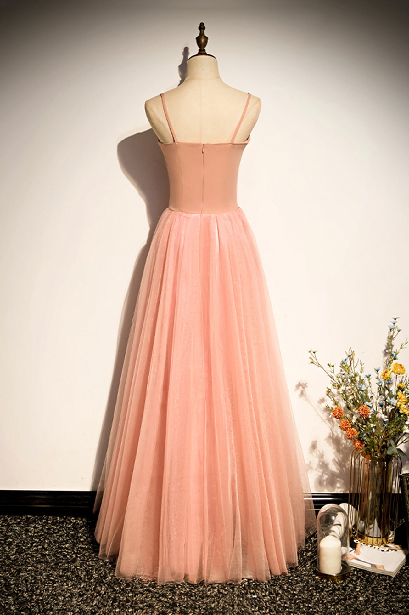 Rosa Tüll langes Ballkleid A-Linie Abendkleid s92