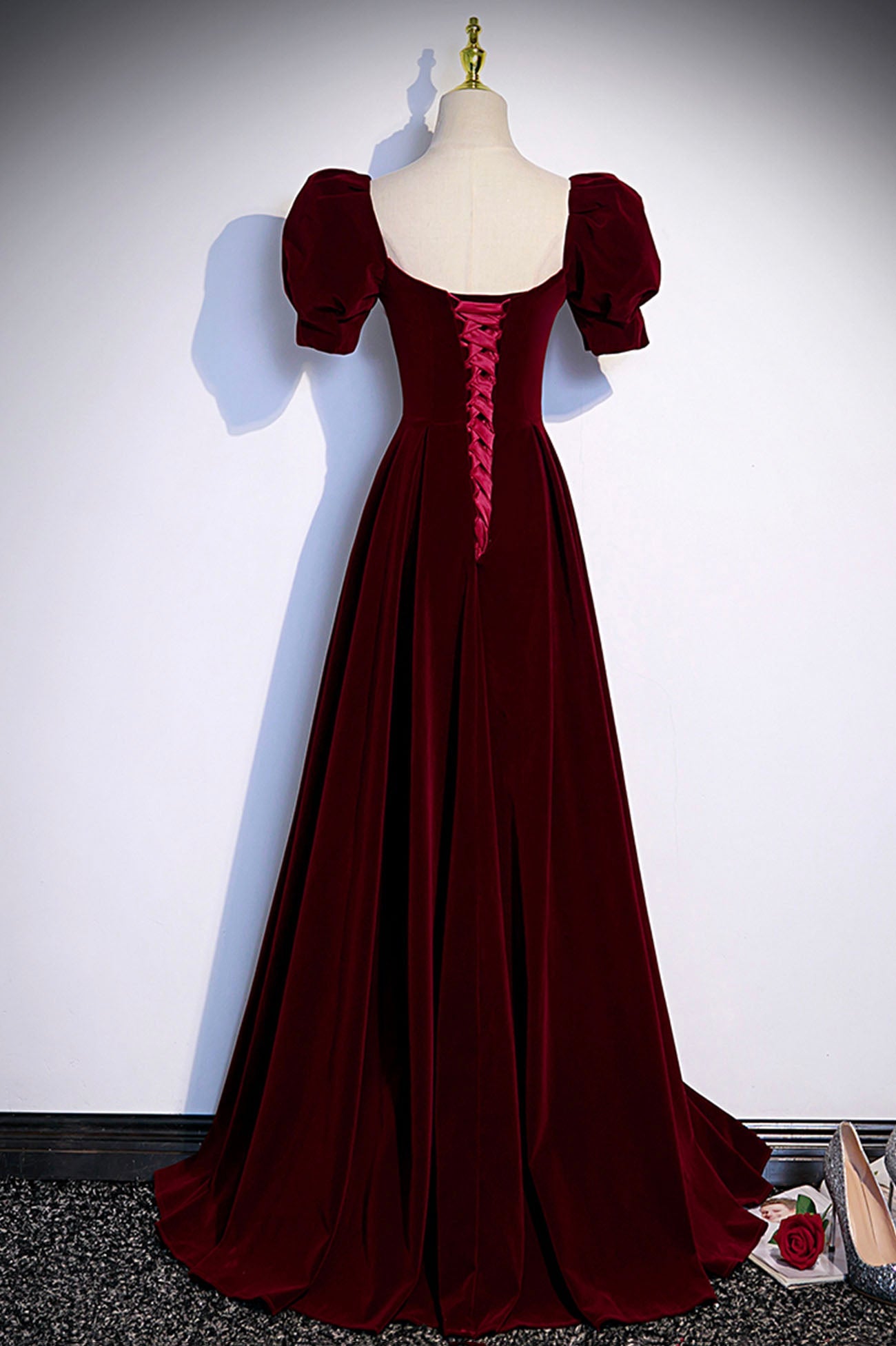 Burgunder Samt langes Ballkleid Abendkleid S88
