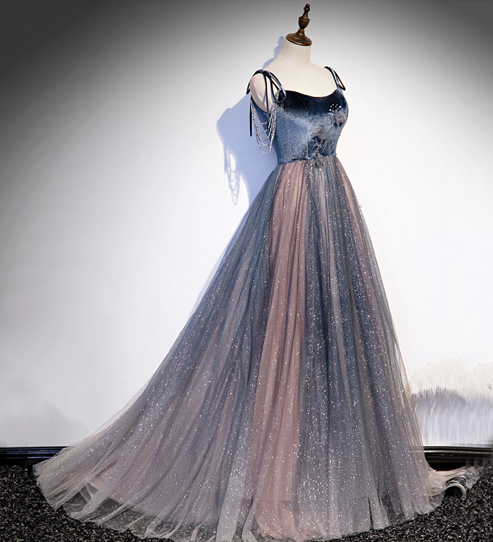 Blaues Tüll Pailletten langes Ballkleid Abendkleid S80