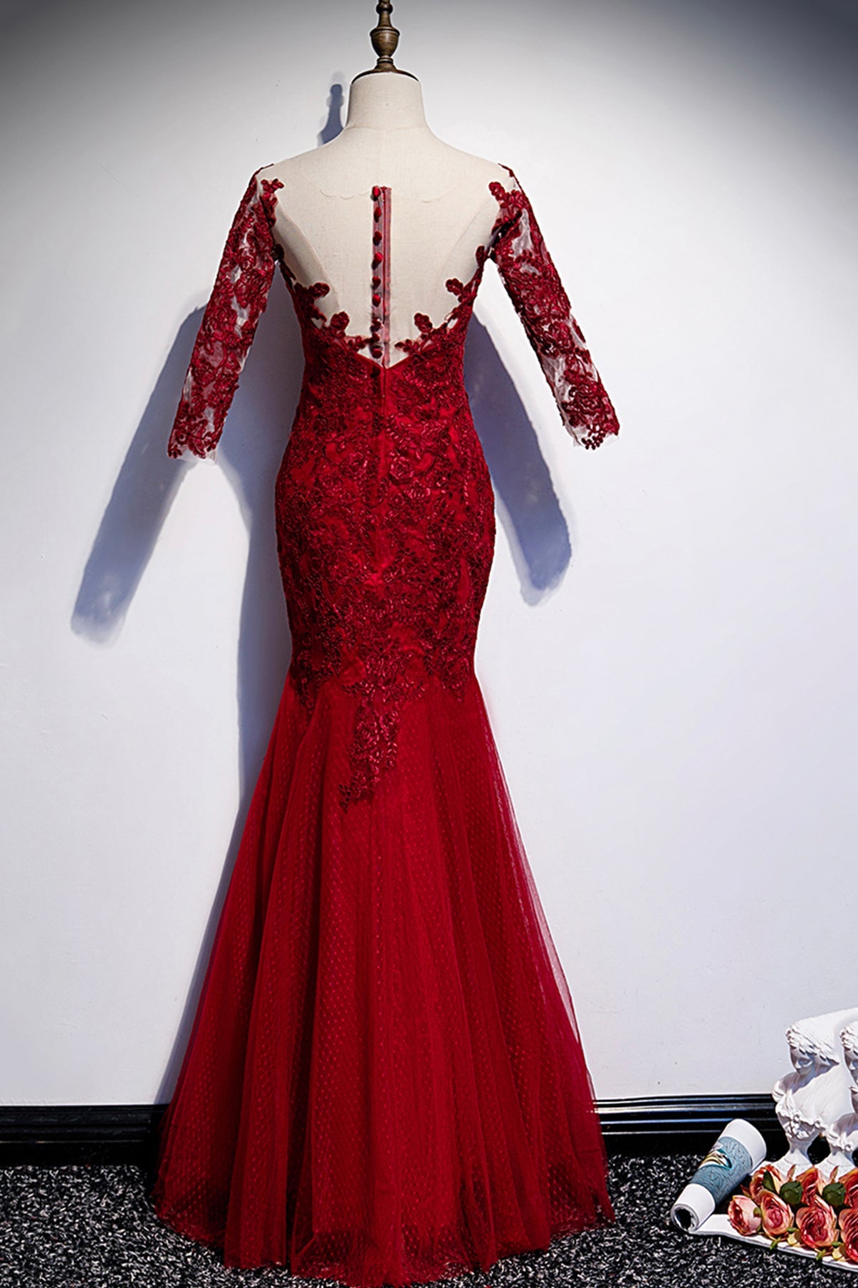 Burgunderrotes langes Ballkleid aus Spitze im Meerjungfrauen-Stil, Abendkleid S110