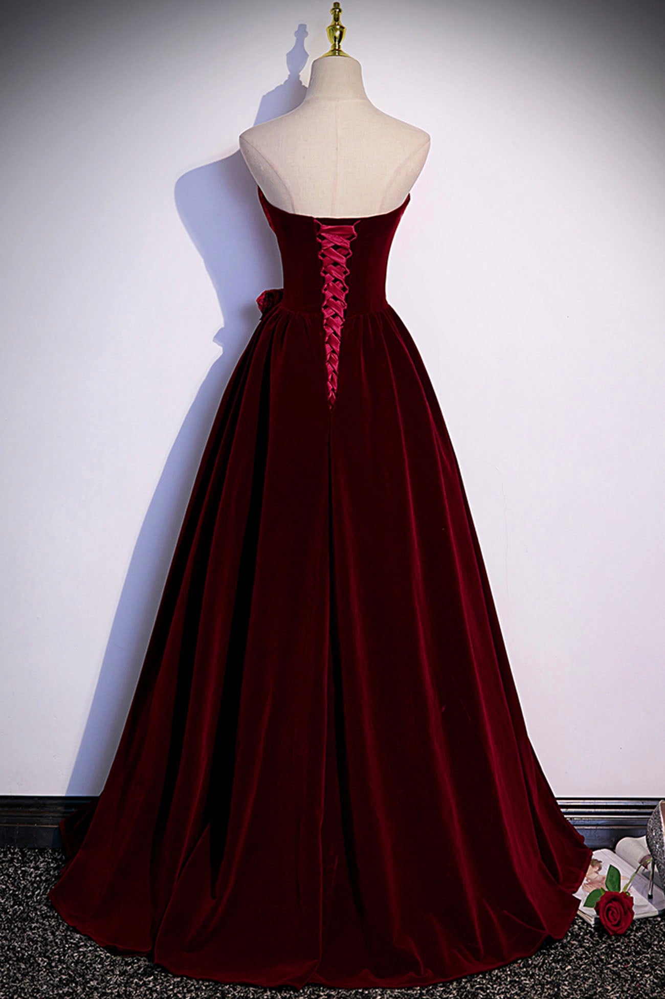 Burgunderrotes langes Ballkleid aus Samt in A-Linie, Abendkleid S86