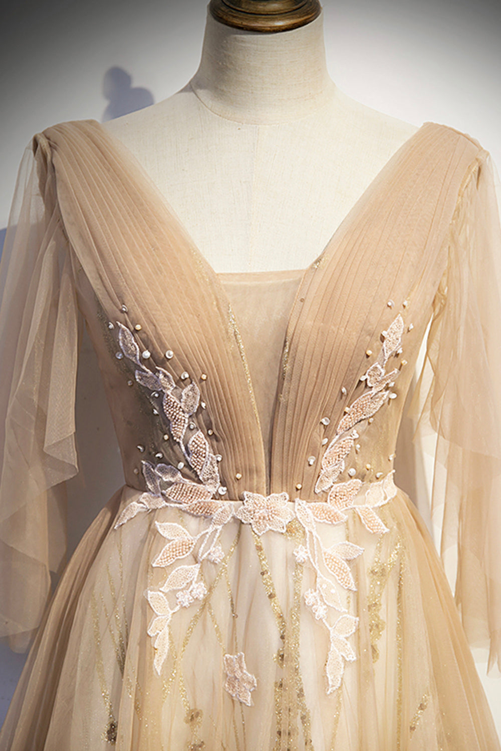Champagner V-Ausschnitt Spitze langes Ballkleid A-Linie Abendkleid s77