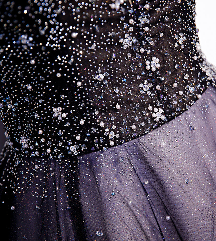 Lila V-Ausschnitt Tüll Perlen langes Ballkleid Abendkleid S104