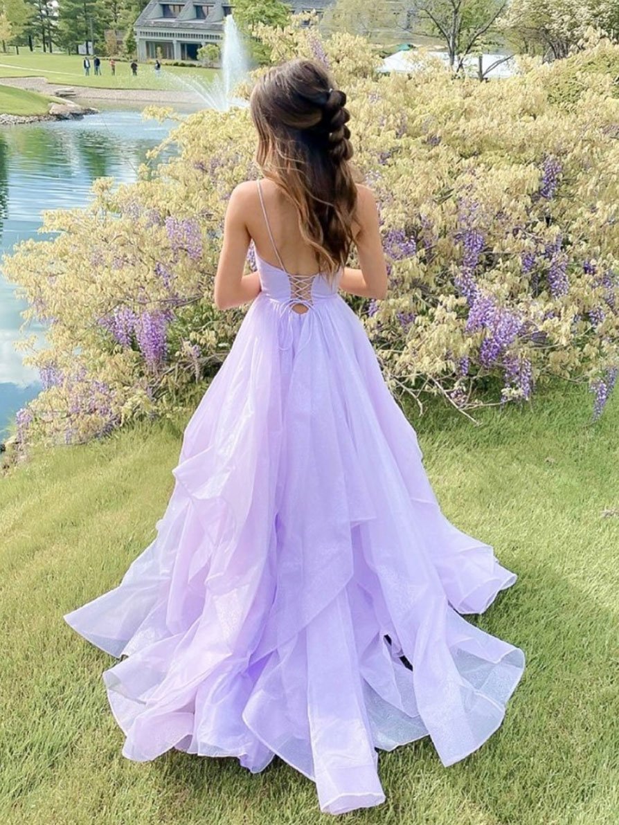 Vestido de fiesta rosa con tirantes finos, corte A, vestido de noche en capas, vestido largo de fiesta brillante Y1303