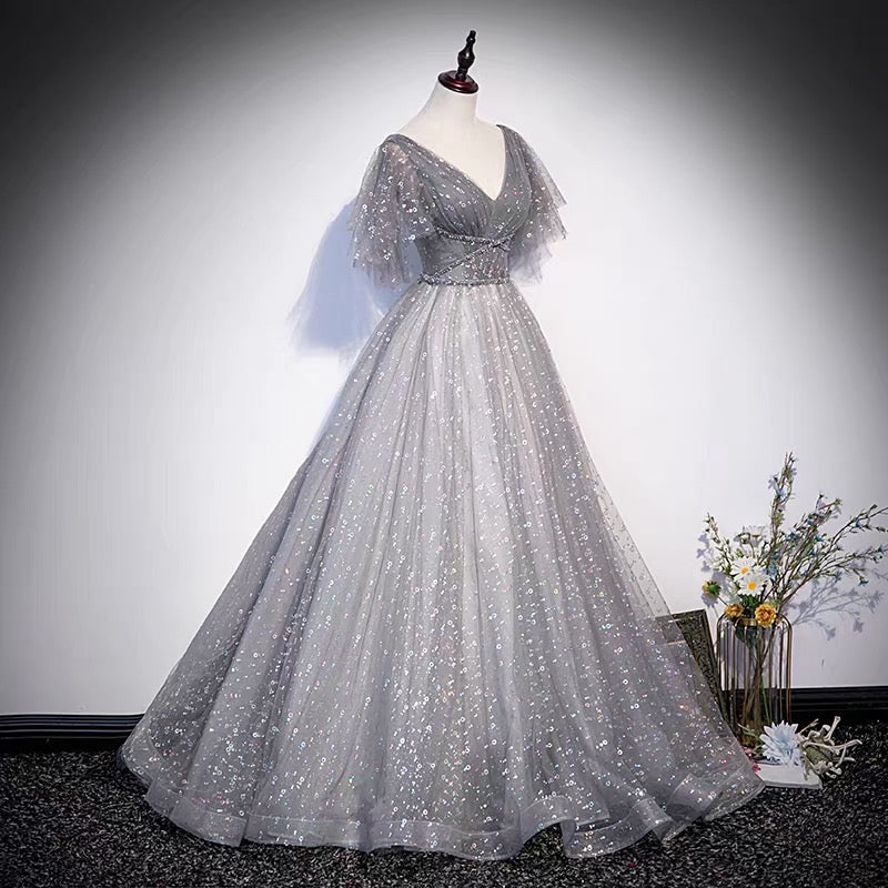 Graues langes Ballkleid mit Tüll-Pailletten in A-Linie, Abendkleid S65